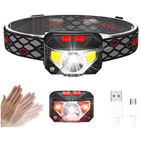 LED-Stirnlampe, superhelle Stirnlampe mit Bewegungssensor, 6 Modi, wiederaufladbare USB-Stirnlampe, wasserdichte Taschenlampe, Camping, Wandern, Angeln, Arbeiten