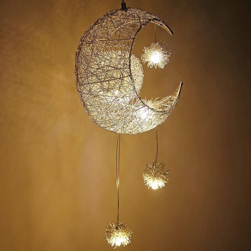 Wottes - led Suspension Luminaire Moderne Lustre Lune Étoiles Lumière Plafonnier avec 5 Ampoules Ø25CM Lumière Blanche Chaude - 1Pcs