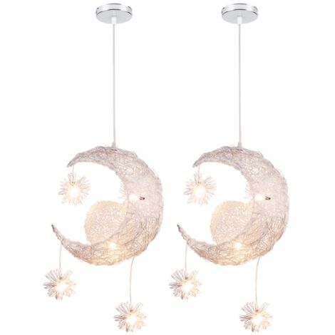LED Suspension Luminaire Moderne Lustre Lune Étoiles Lumière Plafonnier avec 5 Ampoules Ø25CM Lumière Blanche Chaude - 2Pcs