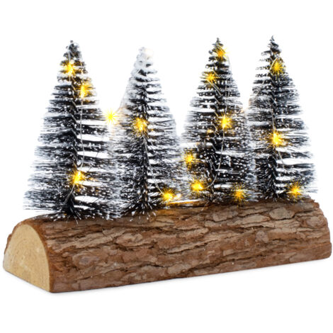 LED Tannenbäume mit Baumstammfuß warm weiß - 20 x 15 cm - Verschneite Bäume mit Beleuchtung Batterie betrieben - Weihnachten Advent Winter Deko Aufsteller Tischdekoration Fensterdekoration beleuchtet
