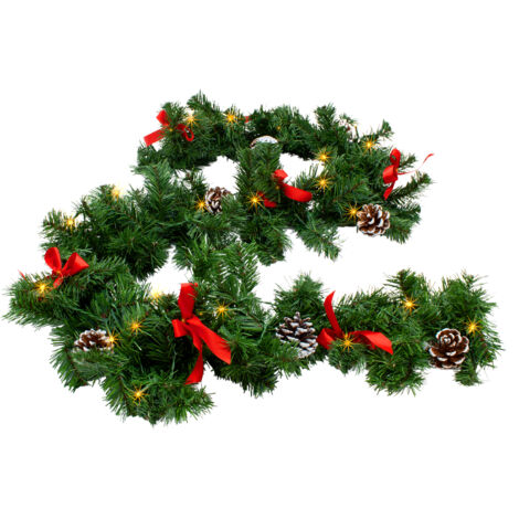LED Tannengirlande grün mit Zapfen und Schleifen warm weiß beleuchtet - 274 cm mit 50 LED - Weihnachtsgirlande Batterie betrieben mit Timer - Deko Beleuchtung Kunst Tanne Girlande für Weihnachten Adve