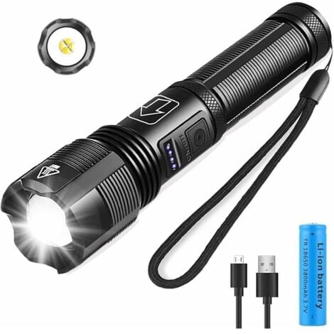 ER-SIICE LED-Taschenlampen -XHP50 3000 Lumen- mit wiederaufladbarem 18650-Akku, 3800 mAh/Zoom/Wasserdicht/5 Helligkeitsmodi, für Camping, Wandern und Notfälle