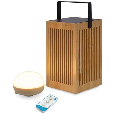 LED Tischlampe außen tragbar kabellos aus Holz Metall IP54 24 cm hoch 2700 K Fernbedienung Dimmer Outdoor Tischleuchte