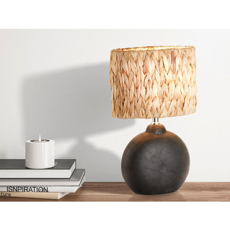 LED Tischlampe Keramikfuß Schwarz mit Seegras Lampenschirm, Höhe 38,5cm