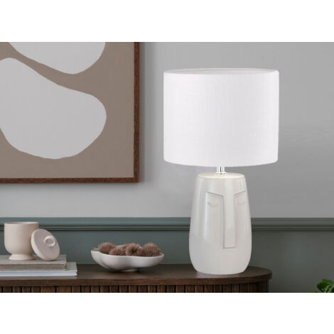 LED Tischlampe mit Keramikfuß Beige & Leinenschirm Weiß, Höhe 39cm