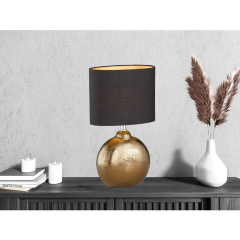 LED Tischlampe mit Keramikfuß Bronze Antik & Stoffschirm Schwarz Gold, Höhe 39cm