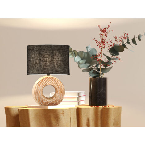 LED Tischlampe mit Keramikfuß Holzoptik & Leinenschirm Grau, Höhe 31cm
