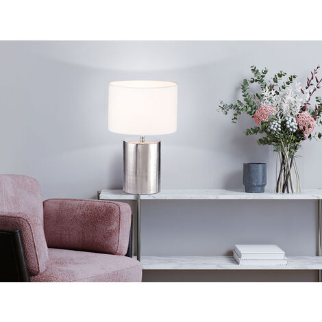 LED Tischlampe mit Keramikfuß Silber Antik & Stoffschirm Leinen Weiß, Höhe 43cm