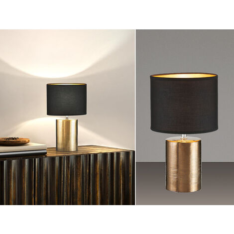 LED Tischlampe mit Keramikfuß & Stoffschirm Schwarz innen Gold, Höhe 35cm