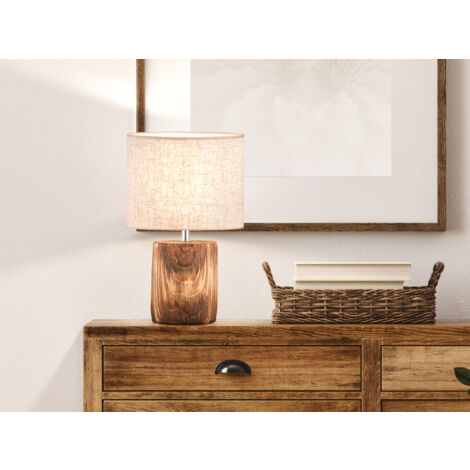 LED Tischlampe mit Leinenschirm Beige & Betonfuß Holzoptik, Höhe 35cm