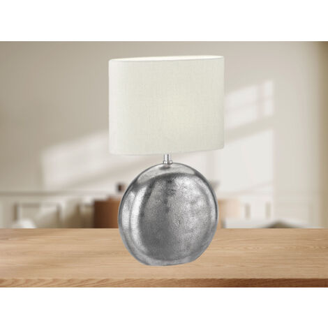 LED Tischlampe mit Metallfuß Silber Antik & Leinenschirm Beige, Höhe 53cm
