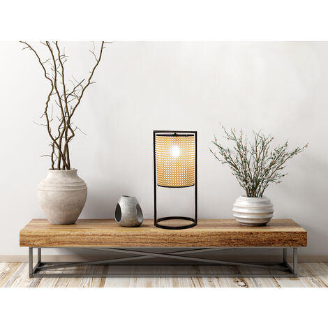 LED Tischlampe Schwarz mit Geflecht in Rattan Optik, Höhe 56cm