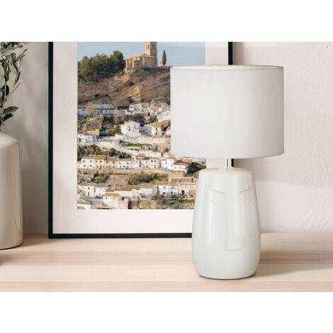 LED Tischlampe Weiß mit Keramikfuß & Stoffschirm, Höhe 36,5cm