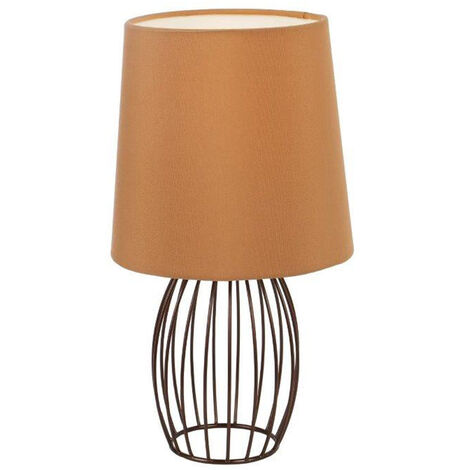 LED Tischleuchte AKIN mit braunem Stoffschirm und Metallgitter, Höhe 29cm