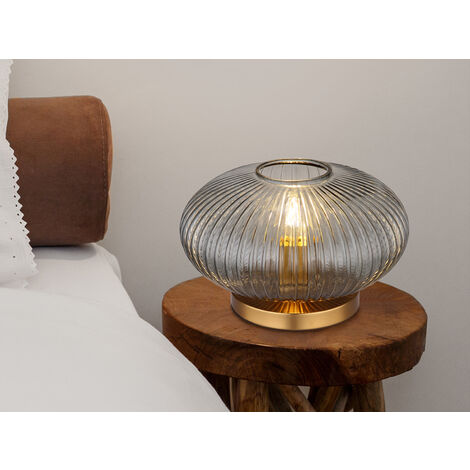LED Tischleuchte aus Rauchglas Rillenglas Messing, Höhe 20cm