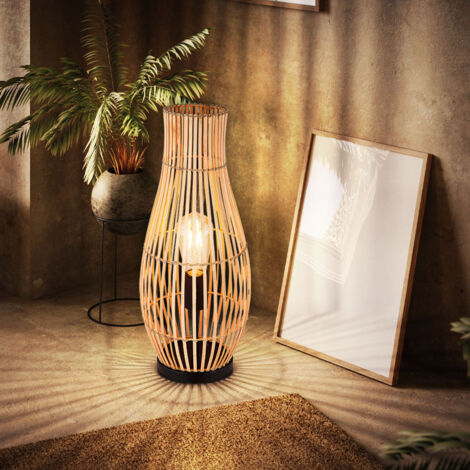 LED Tischleuchte Bambus Tischlampe Korbgeflecht natur Beistellleuchte Boho Holz, Metall schwarz, 7W 720lm warmweiß, DxH 19,5x47,5 cm