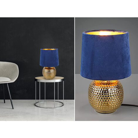 LED Tischleuchte Blau/Gold Keramikfuß Samtschirm, Höhe 26cm