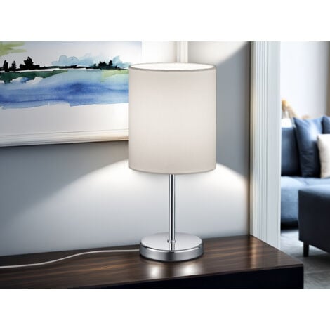 LED Tischleuchte Chrom mit Stoffschirm in Weiß, 28cm hoch