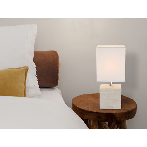 LED Tischleuchte eckig Weiß mit Keramikfuß und Stoffschirm, Höhe 29cm