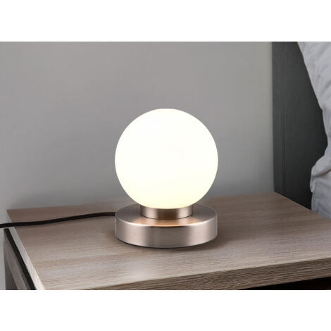 LED Tischleuchte Glaskugel Weiß, Fuß Silber - LED per Touch dimmbar, Höhe 15cm