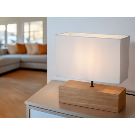LED Tischleuchte Holzfuß mit Stoffschirm in Weiß, Höhe 30cm