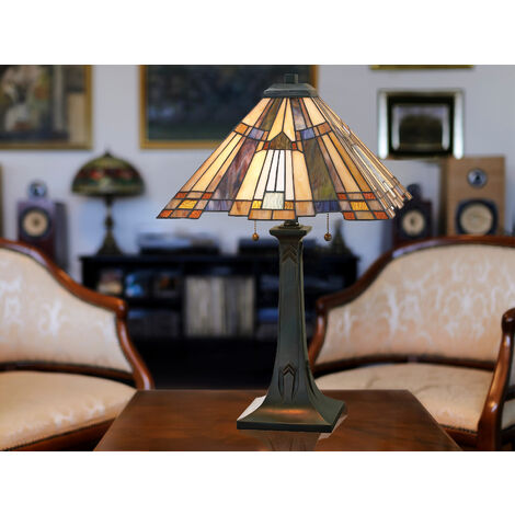 LED Tischleuchte im Tiffany Design mit buntem Echtglas, Höhe 63,5cm