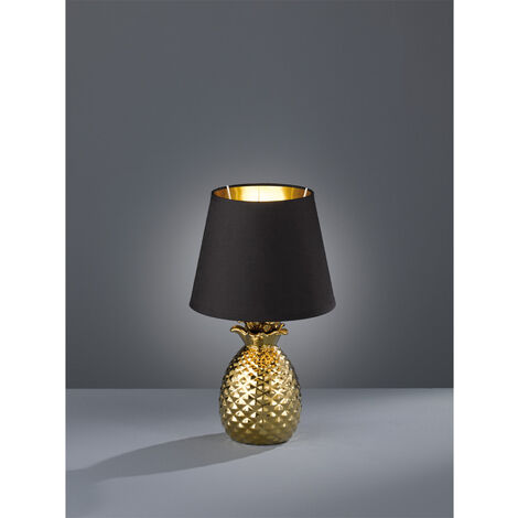 LED Tischleuchte Keramik Ananas Gold mit Stoffschirm Schwarz Gold, Höhe 35cm