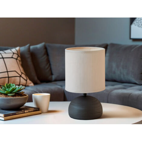 LED Tischleuchte Keramik Braun runder Stofflampenschirm Weiß, Höhe 23cm