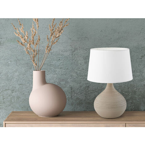 LED Tischleuchte Keramik Cappuccino mit Stoff Lampenschirm Weiß, Höhe 29cm