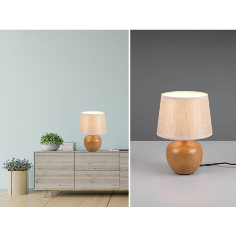 LED Tischleuchte Keramik in Holzoptik mit Stoffschirm Beige, Höhe 26cm