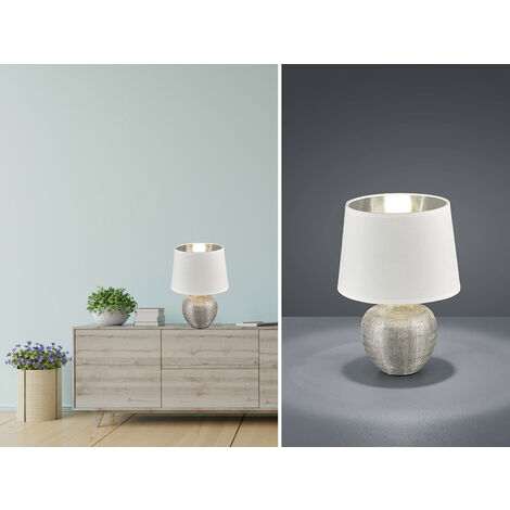 LED Tischleuchte Keramik mit Stoffschirm Weiß innen Silber, Höhe 26cm
