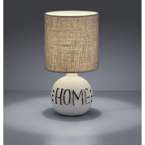 LED Tischleuchte Keramik-Sockel Schriftzug HOME Stoffschirm Braun, Höhe 31cm