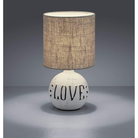 LED Tischleuchte Keramik-Sockel Schriftzug LOVE Stoffschirm Braun, Höhe 31cm