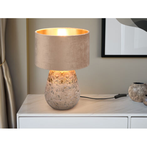 LED Tischleuchte Keramikfuß Grau mit Samtschirm Beige Gold, Höhe 38cm