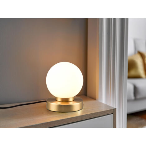LED Tischleuchte Kugel Glasschirm Weiß Sockel Messing - Touch dimmbar, Höhe 15cm