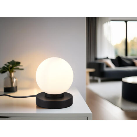 LED Tischleuchte, Kugel Glasschirm Weiß Sockel Schwarz Touch dimmbar, Höhe 15cm