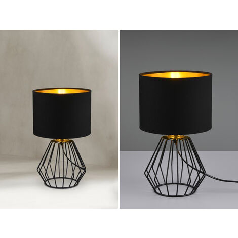 LED Tischleuchte mit Gitterkorpus und Stoffschirm in Schwarz/Gold, Höhe 34cm