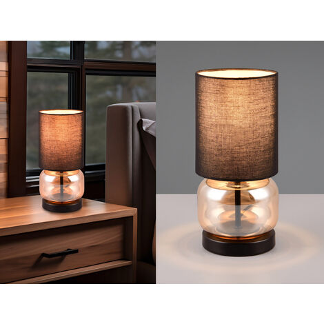 LED Tischleuchte mit Glasfuß Amber und Stoffschirm Schwarz, Höhe 28cm