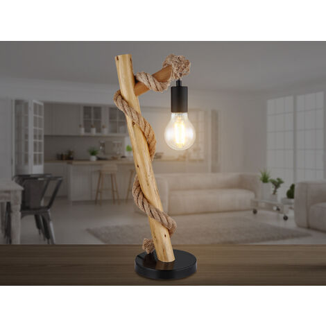 LED Tischleuchte mit Hanfseil und Holzstab, Höhe 53,5cm