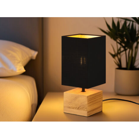 LED Tischleuchte mit Holzfuß Stoffschirm Schwarz / Gold, Höhe 30cm
