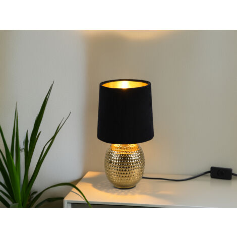 LED Tischleuchte mit Keramikfuß & Samtschirm Schwarz - Gold, Höhe 26cm