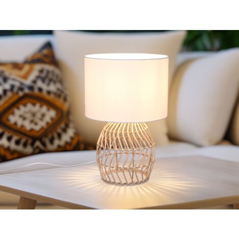 LED Tischleuchte mit Rattan Geflecht & Stoff Lampenschirm Weiß, Höhe 38cm