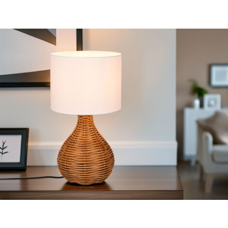 LED Tischleuchte mit Rattangeflecht und Stoffschirm Weiß, Höhe 40cm