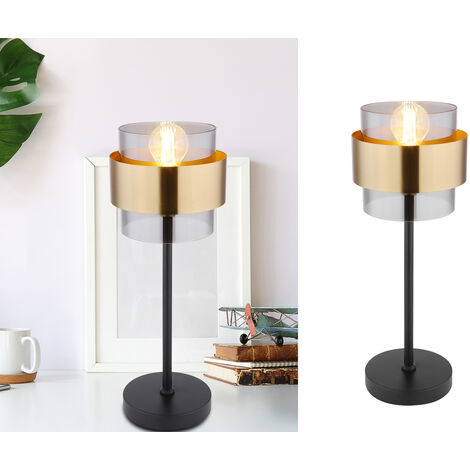 LED Tischleuchte mit Rauchglas Lampenschirm, Messingring, Höhe 47cm