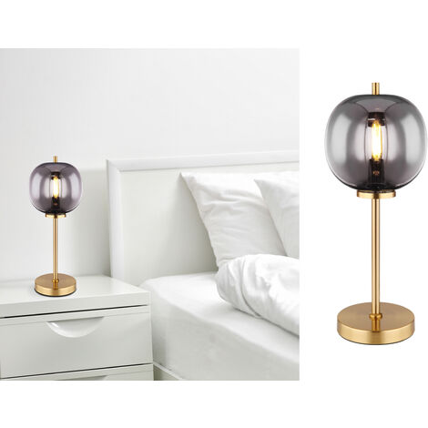 LED Tischleuchte mit Rauchglas Lampenschirm Metall Messing, Höhe 45cm