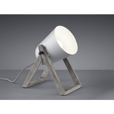 LED Tischleuchte Naturholz mit Metallschirm in Grau, Höhe 21cm