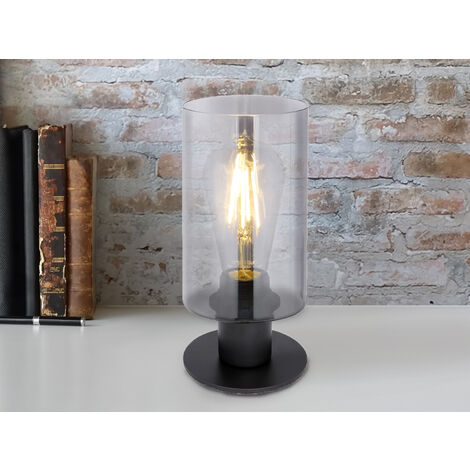 LED Tischleuchte Rauchglas Zylinder Lampenschirm, Metall Schwarz, Höhe 21,5cm