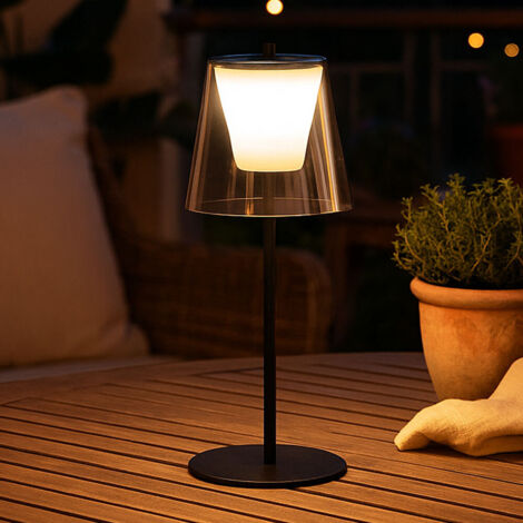 LED Tischleuchte Touchdimmer Außenlampe Rauchglas Gartenlampe Akku Tischlampe, Metall sandschwarz, 2W 270lm warmweiß, DxH 14 x 35 cm