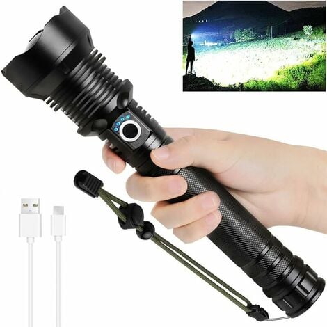 HOOPZI Led Torch - Powerful USB Rechargeable Handheld Torch, Super Bright 8000 Lumens 8000 mAh Portable Outdoor Torch with 4 Lighting Modes, Suitable for Camping Hiking, Waterproof（not include battery）