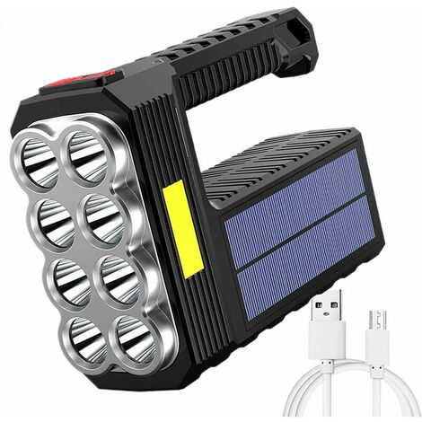 LED Torch, Super Bright Handheld Torch USB Rechargeable/Solar Handheld Searchlight IPX5 Waterproof Outdoor Camping Tactical Spotlight with 4 Lighting Modes